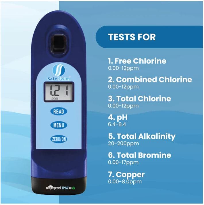 Safe Swim Pool Water Tester Photometer, Chlorine, pH, Alkalinity, Bromine, Meter etc 5