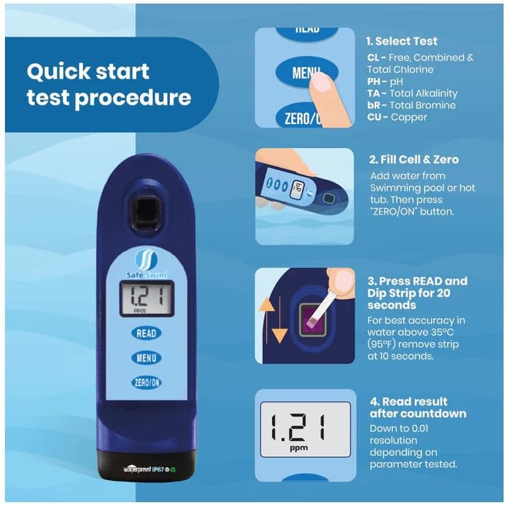 Safe Swim Pool Water Tester Photometer, Chlorine, pH, Alkalinity, Bromine, Meter etc 4