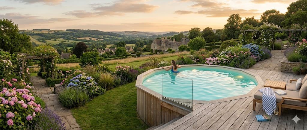 Above ground wooden swimming pool in a UK garden