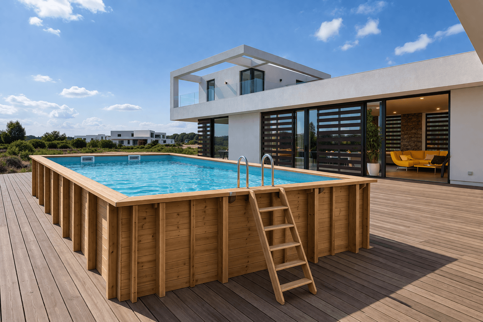 Swimming pool heat pump beside a wooden pool