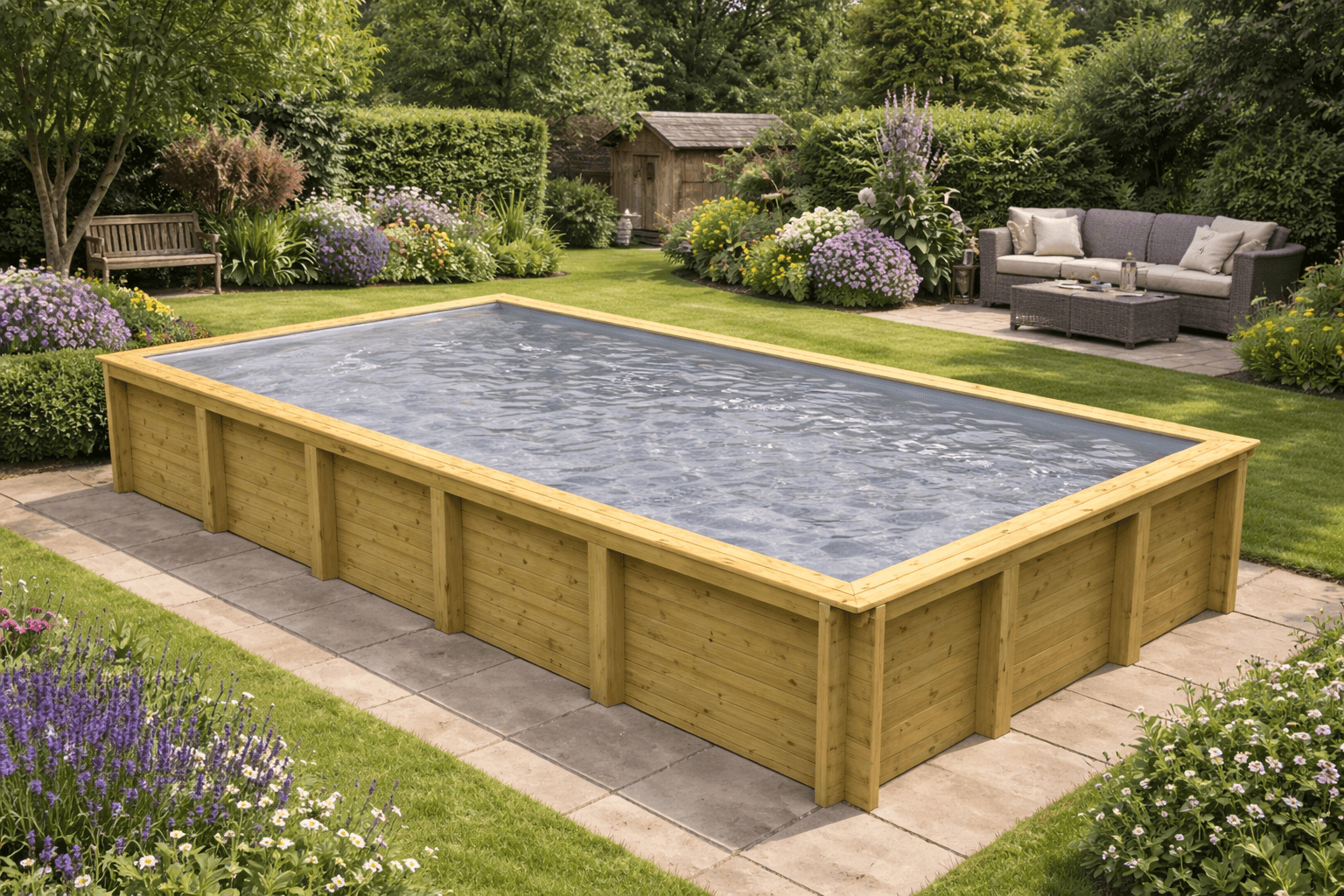 Pool heat pump beside a garden swimming pool